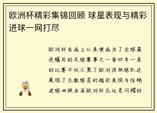 欧洲杯精彩集锦回顾 球星表现与精彩进球一网打尽