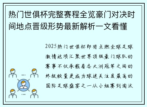 热门世俱杯完整赛程全览豪门对决时间地点晋级形势最新解析一文看懂
