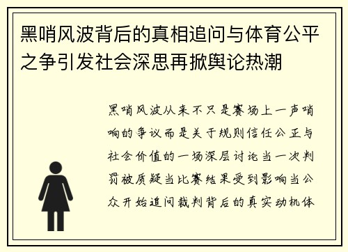 黑哨风波背后的真相追问与体育公平之争引发社会深思再掀舆论热潮